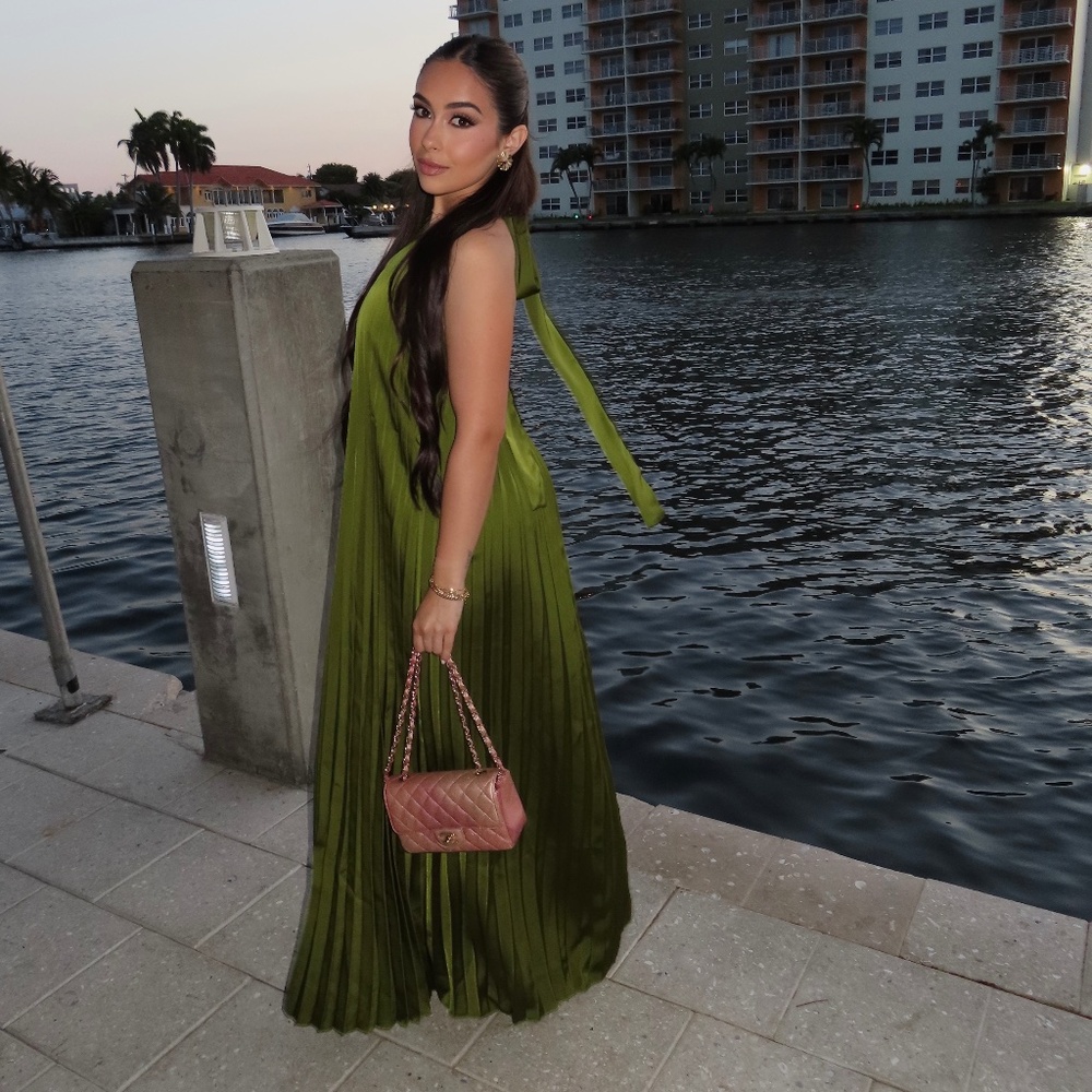 Satin Pleated Green Maxi dress
